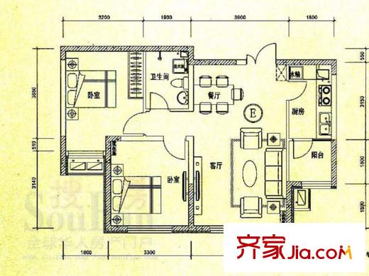 香堤灣B戶型圖 2室2廳1衛(wèi)