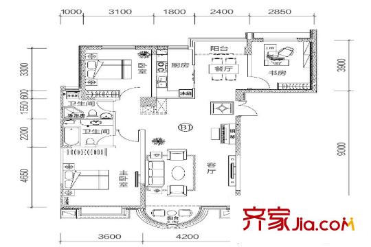 香堤灣B戶型 3室2廳2衛(wèi)