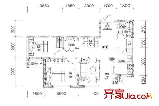 香堤灣E戶型圖 2室2廳1衛(wèi)