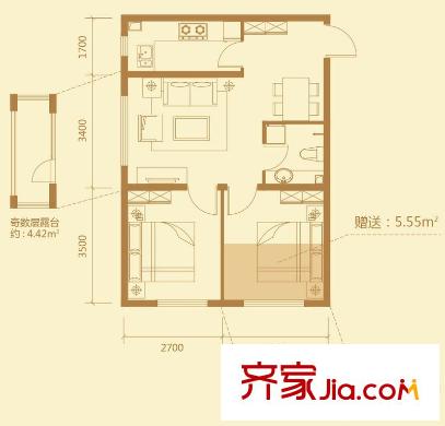 香檳藍郡L戶型 2室1廳1衛(wèi)