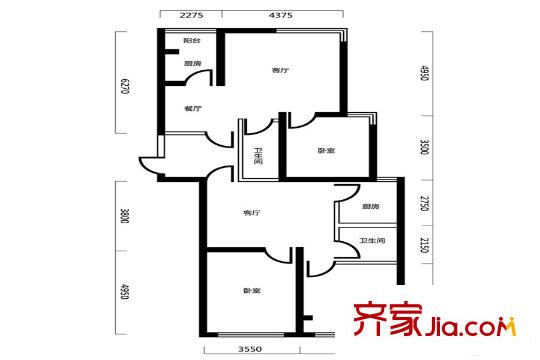 瑞寶國際花苑B戶型圖 3室3廳2衛(wèi)1廚