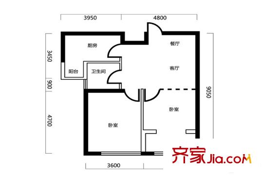 瑞寶國際花苑A戶型圖 2室1廳1衛(wèi)1廚