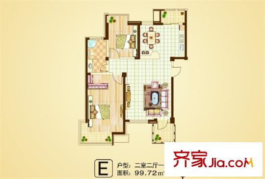 清河灣E戶型 2室2廳1衛(wèi)1廚