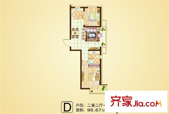 清河灣D戶型 2室2廳1衛(wèi)1廚