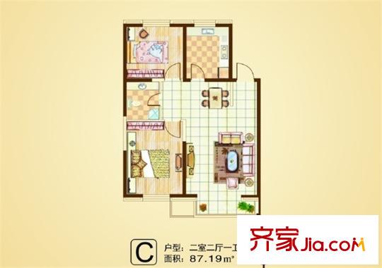 清河灣C戶型 2室2廳1衛(wèi)1廚
