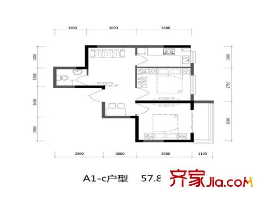 溪湖芳庭A1-c戶型 2室2廳1衛(wèi)