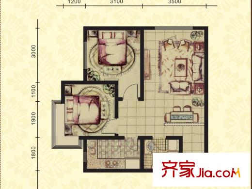 太湖國際花園戶型65平 2室2廳1衛(wèi)1廚