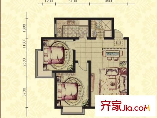 太湖國際花園67戶型 2室2廳1衛(wèi)1廚