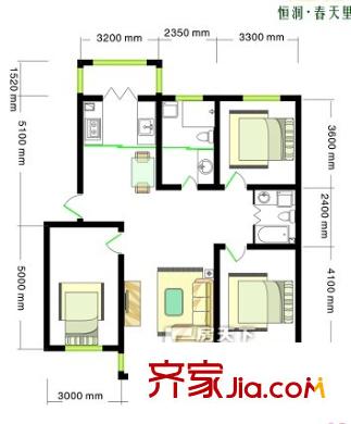 恒潤(rùn)?春天里C1戶型 3室2廳1衛(wèi)1廚