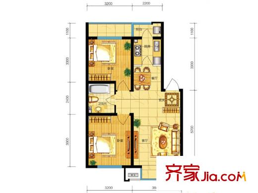 遠(yuǎn)大花園標(biāo)準(zhǔn)層戶(hù)型 2室2廳1衛(wèi)1廚