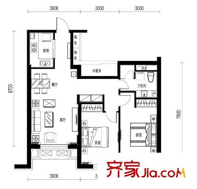 陽(yáng)光100果嶺公館T4戶(hù)型 2室2廳1衛(wèi)1廚