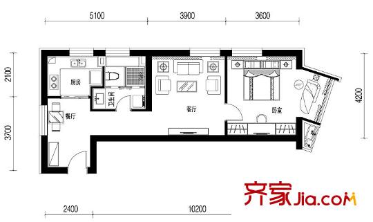 陽(yáng)光100果嶺公館T7戶(hù)型圖 1室2廳1衛(wèi)1廚