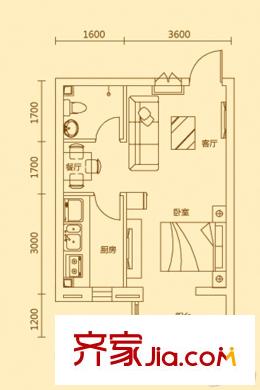 渾河國際城F戶型 1室2廳1衛(wèi)1廚