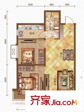 亞泰城A2戶型 2室2廳1衛(wèi)