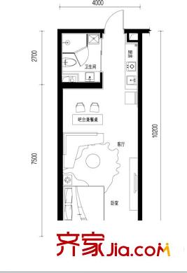 陽(yáng)光100果嶺公館T3戶(hù)型圖 1室2廳1衛(wèi)1廚