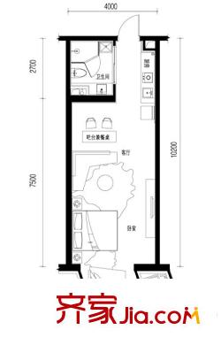 陽(yáng)光100果嶺公館T2戶(hù)型圖 1室2廳1衛(wèi)1廚