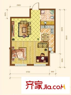 新華國際公寓E號B戶型圖 1室2廳1衛(wèi)1廚