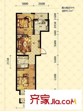 美麟閣E戶型圖 2室2廳1衛(wèi)1廚
