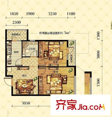 美麟閣C2戶型 2室1廳1衛(wèi)1廚