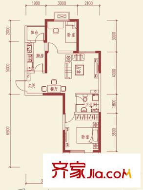 魯班?尚品A1戶型 2室2廳1衛(wèi)1廚