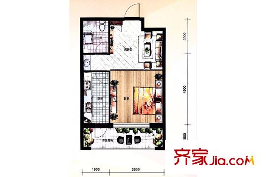 城建南郡49平方米戶型 1室1廳1衛(wèi)1廚