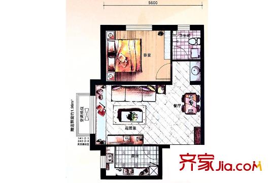 城建南郡55平方米戶型 1室1廳1衛(wèi)1廚