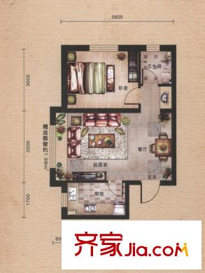 城建南郡A2戶型 1室2廳1衛(wèi)