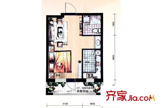 城建南郡41平方米戶型 1室1廳1衛(wèi)1廚
