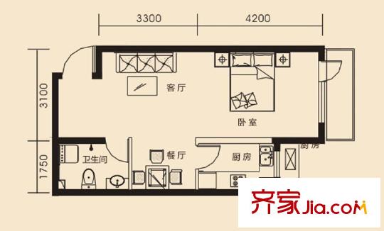 溫莎莊園D1-2號戶型 1室2廳1衛(wèi)