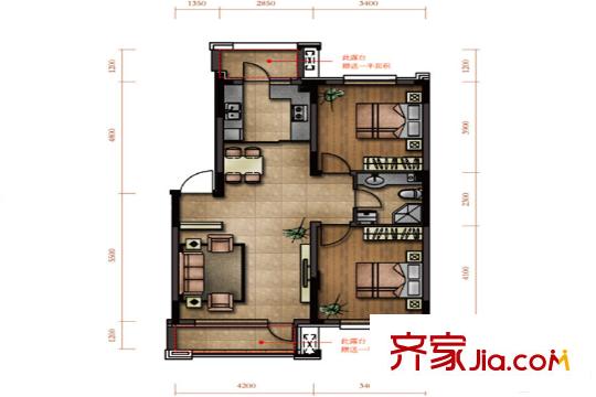 綠廈?爵仕意境標準層A2戶型 2室2廳1衛(wèi)1廚
