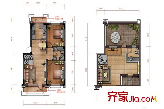 綠廈?爵仕意境A1戶型（帶閣樓） 2室2廳1衛(wèi)1廚
