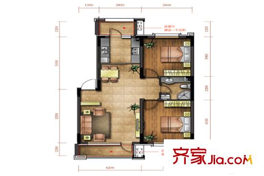 綠廈?爵仕意境標準層A1戶型 2室2廳1衛(wèi)1廚