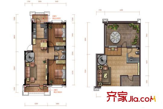 綠廈?爵仕意境A2戶型（帶閣樓） 2室2廳1衛(wèi)1廚