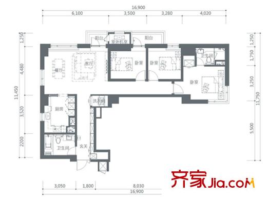 樂(lè)天圣苑戶(hù)型圖F 3室2廳2衛(wèi)