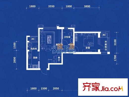 名流印象A7戶型 1室2廳1衛(wèi)1廚