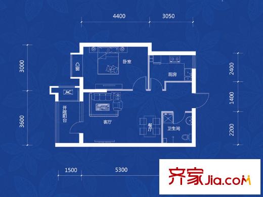名流印象A-3戶型 1室2廳1衛(wèi)1廚