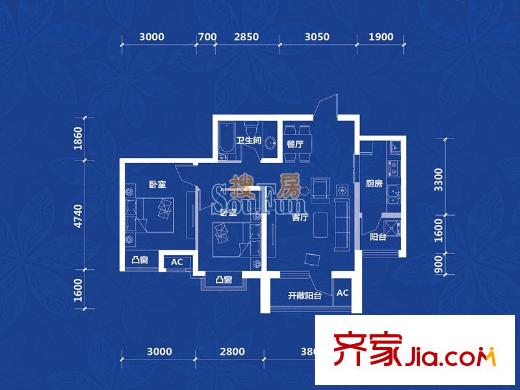 名流印象C1戶型 2室2廳1衛(wèi)1廚