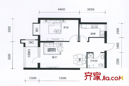 名流印象A3戶型 2室1廳1衛(wèi)1廚