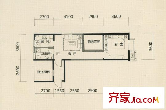名流印象A1戶型 1室1廳1衛(wèi)1廚