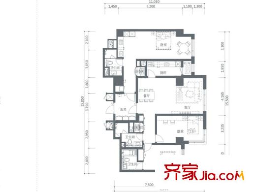 樂(lè)天圣苑戶(hù)型圖J 3室2廳3衛(wèi)
