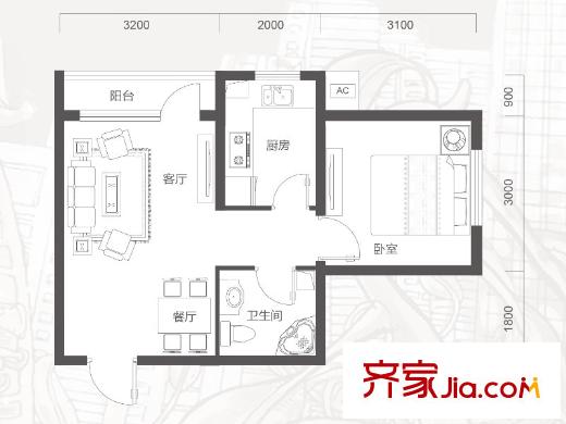 承翰花樣郡A1戶型 1室2廳1衛(wèi)1廚