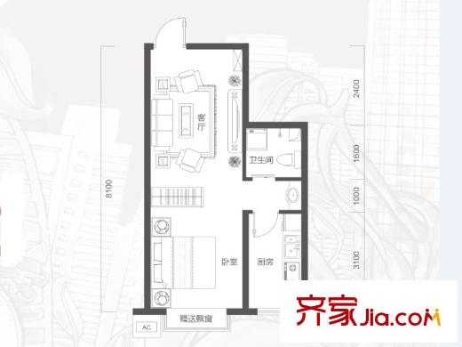 承翰花樣郡B3-1戶型 1室1廳1衛(wèi)1廚