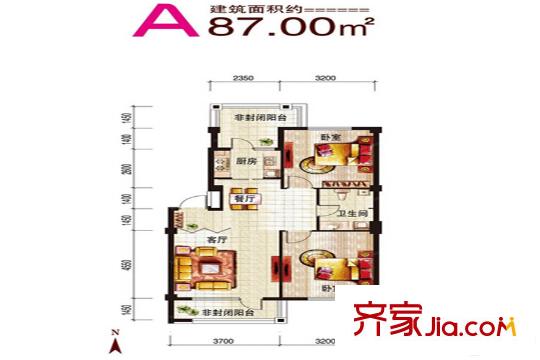 凱怡陽(yáng)光三期A戶型 2室2廳1衛(wèi)1廚