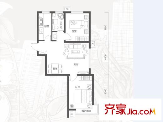 承翰花樣郡C2戶型 2室2廳2衛(wèi)1廚