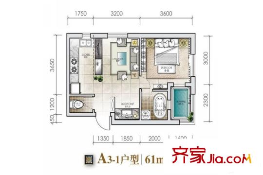 城建?錦泉藍灣A3-1戶型 1室1廳1衛(wèi)1廚