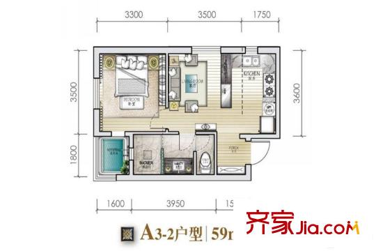 城建?錦泉藍灣A3-2戶型 1室1廳1衛(wèi)1廚