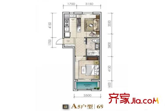 城建?錦泉藍(lán)灣A5戶型 1室2廳1衛(wèi)1廚