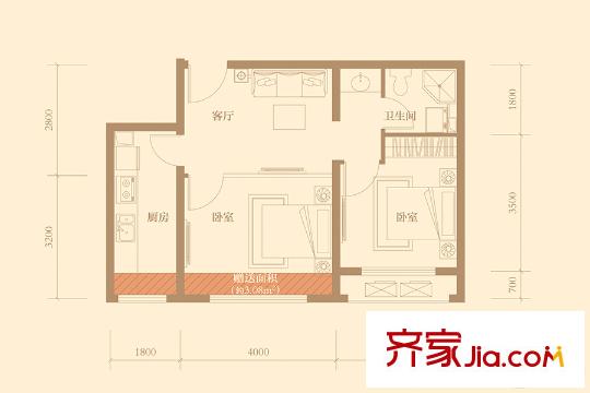 隆河谷二期A03戶型 2室1廳1衛(wèi)1廚