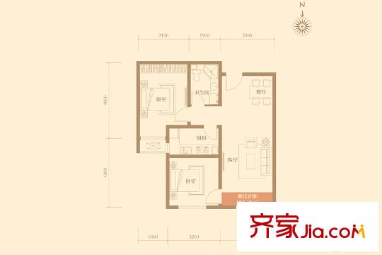 隆河谷二期A02戶型 2室2廳1衛(wèi)1廚