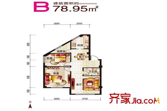 凱怡陽(yáng)光三期B戶型 2室2廳1衛(wèi)1廚